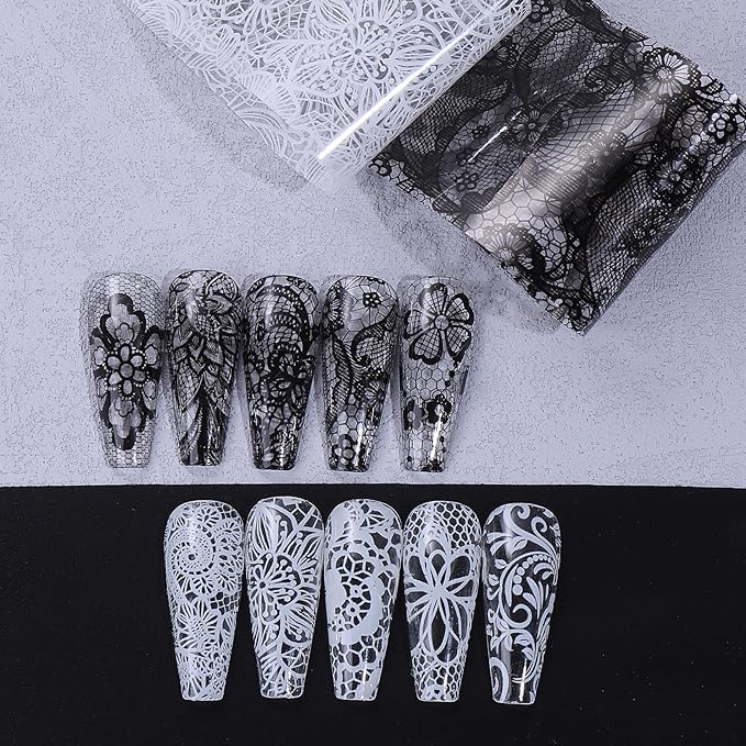 Lace Flower Nail Foil Transfer Sheets 20 Rolls Black White Lace Florals Nail Art Foils Elegant Valentines Sticker Nail Designs Lace Starry Sky Adhesive Valentine Foils Manicure Decoration for Women