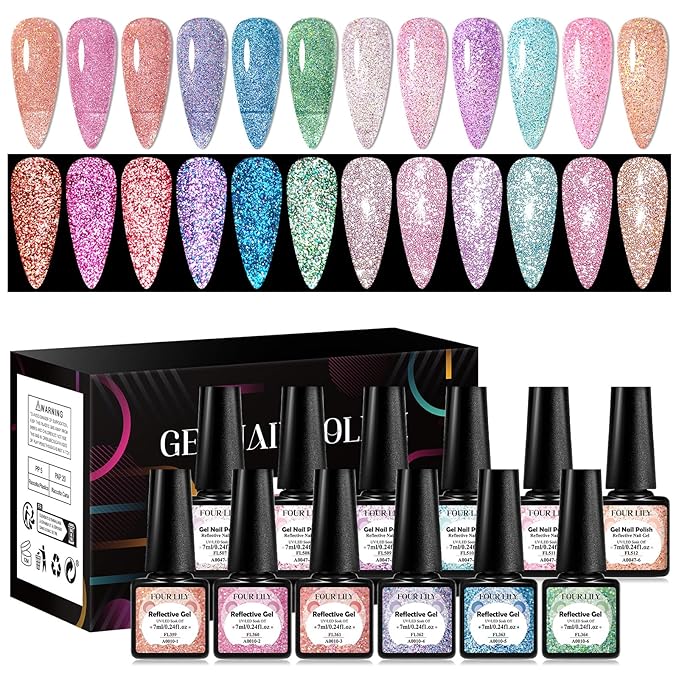 Reflective Glitter Gel Polish 12 Colors Sparkle Gel Nail Polish Set Diamond Shine Pink Purple Red Holographic Glitter Gel Soak off Uv LED Manicure Gifts for Women