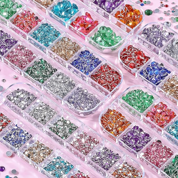 5 Boxes Shiny Colorful Nail Art Rhinestones Nail Stone Gems Design Kit 2-6mm Flatback Round Clear Solid Color Nail Gems with a Curved Tweezers and a Nail Brush (Solid Color kit)