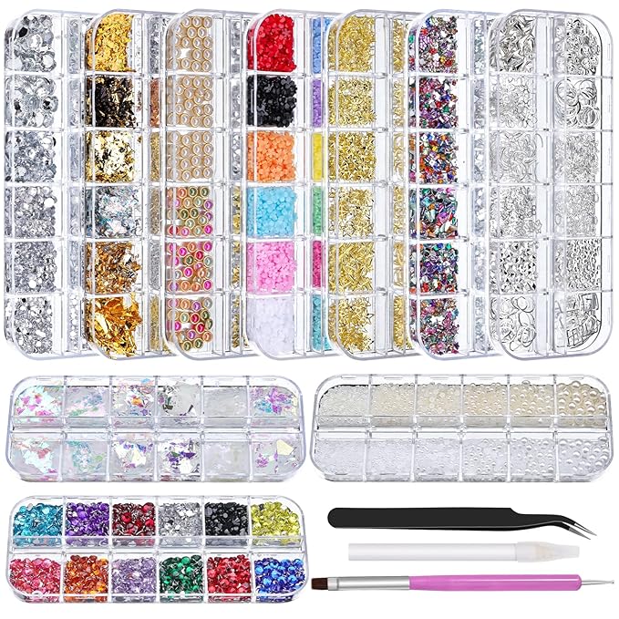 10 Boxes Nail Rhinestones Gems Kit,Gold/Silver Metal Studs,Mixed Sizes Flatback Crystals Rhinestones,Half Pearls,Sequins,Foil Flakes with Tweezers & Dotting Tools for DIY Manicure