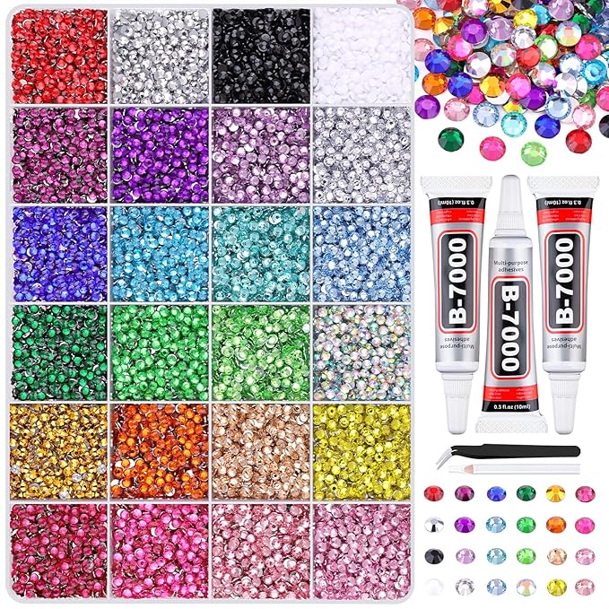 24000Pcs Resin Rhinestones for Crafting with Tweezers, Multicolor 3mm Bedazzling Crystal with 3Pcs 10ml B7000 Jewelry Glue for DIY Crafts Clothing Tumblers Shoes Fabric Nail Art