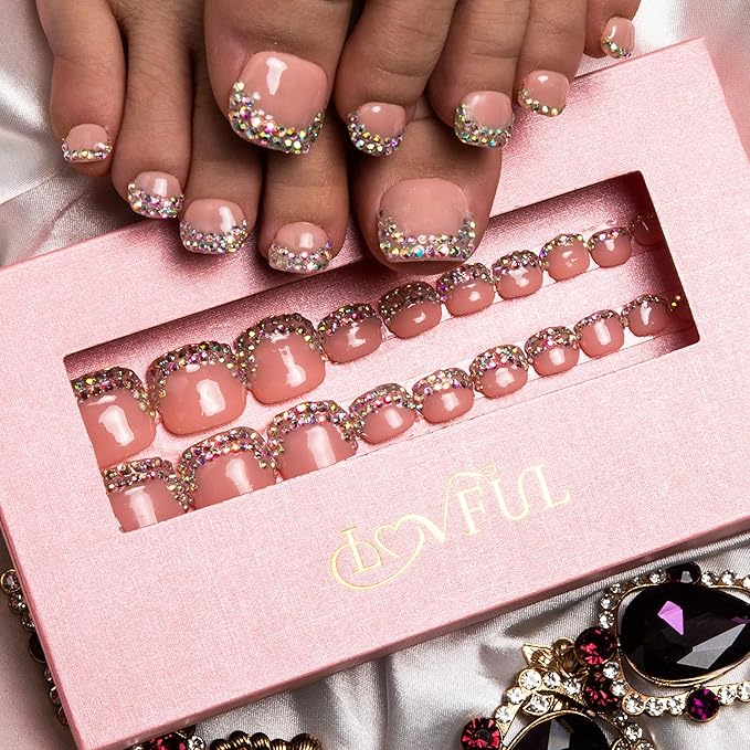 LOVFUL Handmade Acrylic Press on Toenails Nude French Tip Rhinestone | Salon Quality 20 PCS Free Size Toe Nails | Reusable Fake Nails for Toe | T48