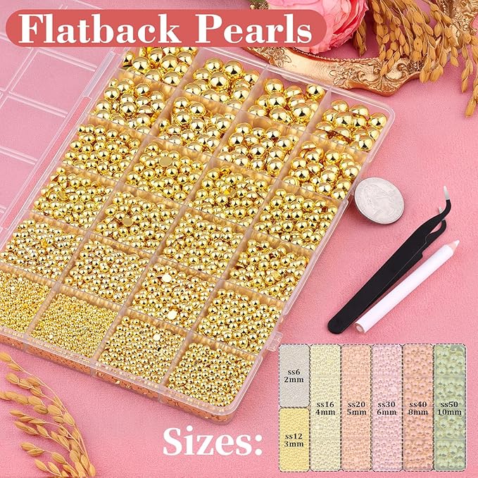 11000Pcs Flatback Pearls for Crafting (Gold), Assorted Size 2/3/4/5/6/8/10mm Half Pearl with 3Pcs 10ml B7000 Jewelry Glue, Bedazzling Bead for DIY Crafts Clothing Tumblers Shoes Embellishment Nail Art