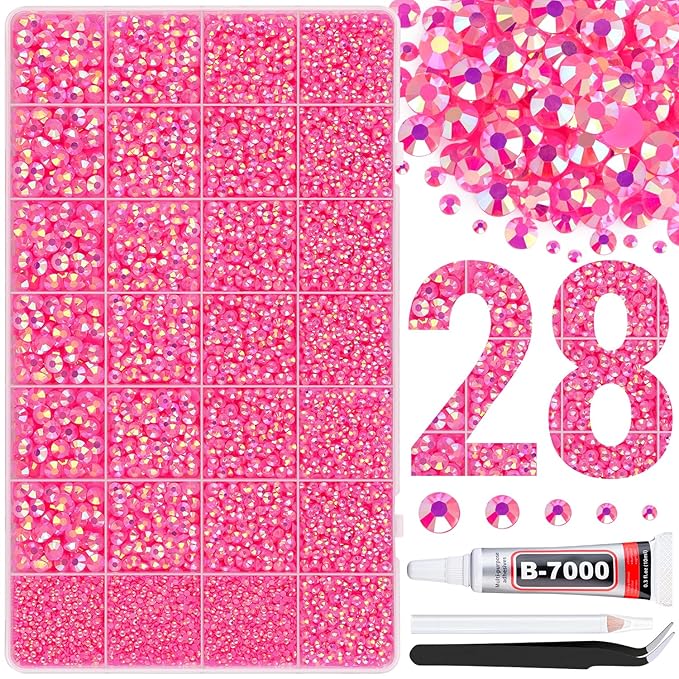 30000Pcs Resin Rhinestones for Bedazzling with B7000 Jewelry Glue, Hot Pink AB Flatback Gems Rhinestones for Crafting, Clothing Tumblers Mugs Shoes Fabric Decor Nail Art