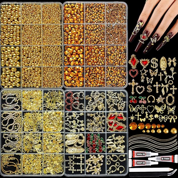 Gold Nail Charms and Gems Set, 4 Boxes DIY Nail Decorations Kit, Gold 3D Cross Flowers Nail Art Charms, Champagne Rhinestones Gems Charms Y2K for Nails, Cool Punk Style Nail Charms