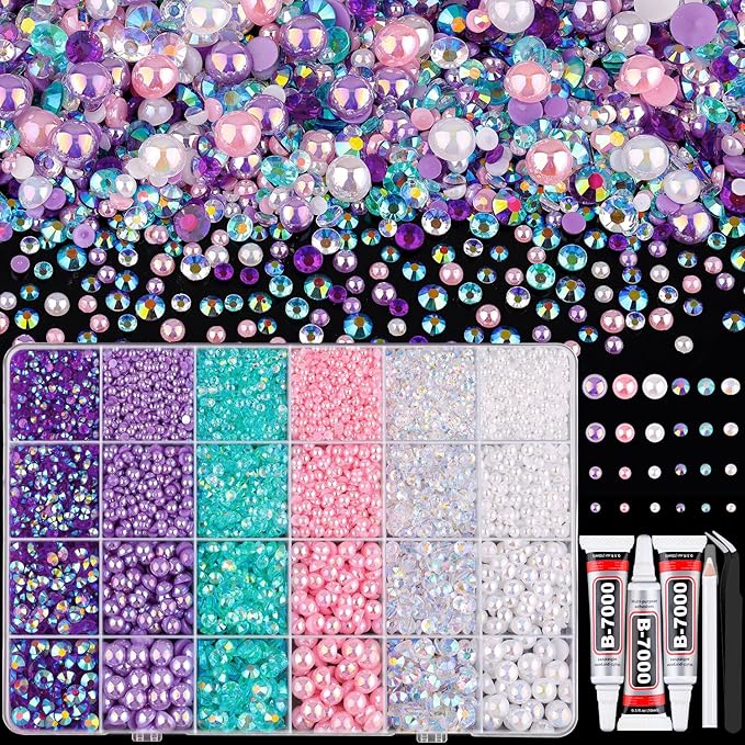 14000PCS Flatback Pearls and Rhinestones for Bedazzling Kit, Pink Purple 3-10mm Resin Rhinestones and Half Pearls for Crafting, Nail Art Crafts Decor with 3pcs B7000 Jewelry Glue