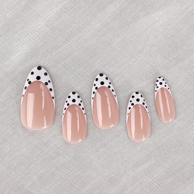 Press On Nails Almond Medium – Nude Pink French Tips with Black & White Polka Dot Design, 24PCS Glossy Acrylic Fake Nails, Reusable Stick On Nails Kit with Glue & Tools for Women, Trendy DIY Manicure