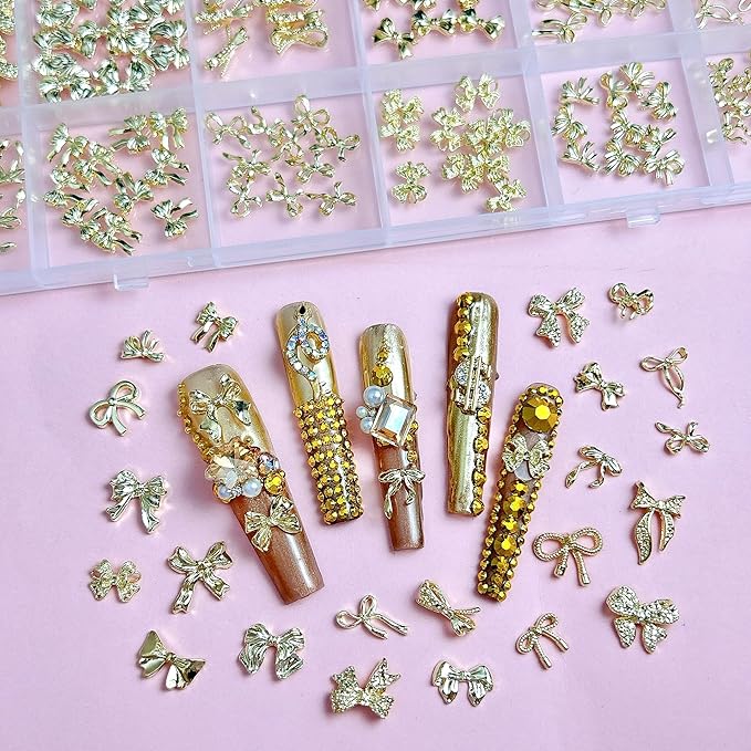 240 Pcs Gold Bow Nail Charms, Golden Bows Nail Art Studs for Acrylic Nails, 3D Alloy Bow Bowkont Nail Art Charms, Gold Bows Nail Art Charms Jewelry for Nails DIY Y2K