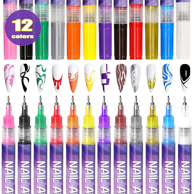 12 Colors Nail Art Pens Set 3D Nail Polish Pens Graffiti Dotting Pen Acrylic Paint Pens Point Liner Pen Drawing Painting for Nails Art Design Manicure Nail DIY Decoration (Laser-12pcs)
