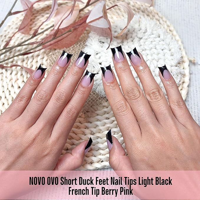 NOVO OVO Duck Nails Short with Moon Curve Black French Tips Berry Pink, 240Pcs Soft Gel Flare Wide French Full Cover False Nail Tips, Press on Acrylic Extension (15 Sizes)