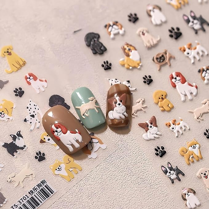 Dedyel Cute Nail Stickers 5D Embossed Cartoon Dog Kawaii Animal Self-Adhesive Nail Decals for Women Girls Kids Nail Art Decoration