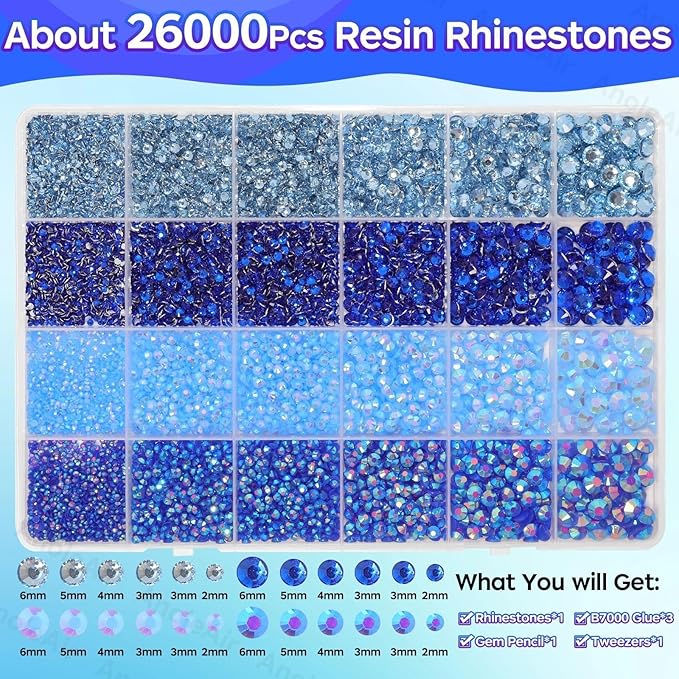 26000PCS Mixed Blue Resin Flatback Rhinestones for Crafting, Resin Rhinestones for Bedazzling Kit, 2/3/4/5/6mm Flatback Gems Jewels for DIY Mugs Tumblers Clothing Shoes Nail Art