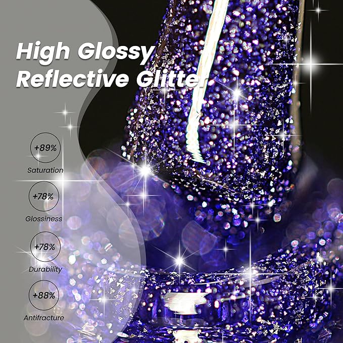 YTD Likomey Reflective Glitter Gel Nail Polish Set,Flash 6 Colors with Base and Top Coat Kit,Fall Winter Brown Gold Red Green Purple Diamond Sparkle Manicure UV Color Nail Varnish,8 Pcs 7.5 ml
