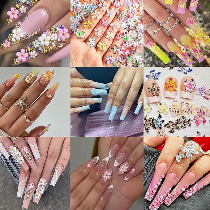 3D Flowers Nail Charms Kit, Colorful Hawaii Flower Nail Charms and Gems Cute Hibiscus Floral Charms for Nail, Spring Flowers for Nails Design with Caviar Beads for Nails Art Charms DIY Crafts