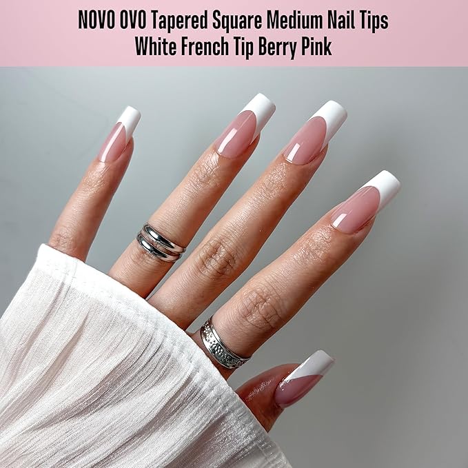 NOVO OVO White French Tip Medium Square Nail Tips Press on BERRY PINK, Extra Thick Soft Gel Fake Nail Acrylic Extension, Need Builder Gel Top Coat, No Glue Included, for Salon DIY 15 Sizes x 240 pcs