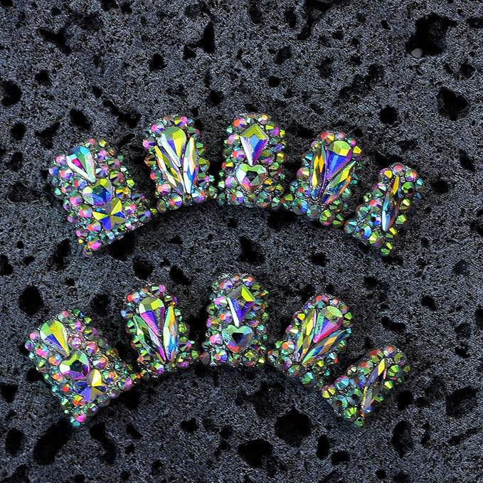 10Pcs Handmade Rhinestone Press on Nails Short Duck Fake Nails with Rhinestone Design Full Cover False Nails Short Hand Made Press on Nails Reusable Stick on Nail Artificial Glue on Nail for Women (M)