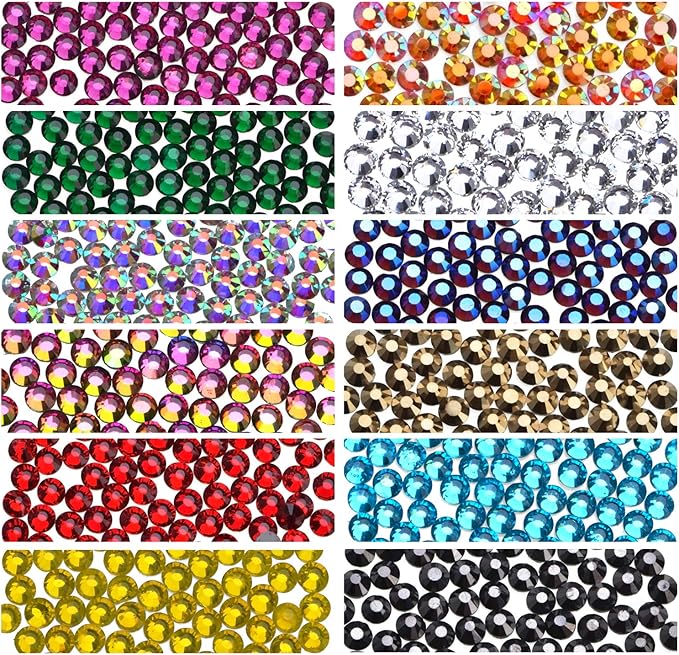 1020Pcs Hot Fix Glass Flatback Rhinestones HotFix Round Crystal Gems 6MM (12 Mixed Colors, 6mm SS30)