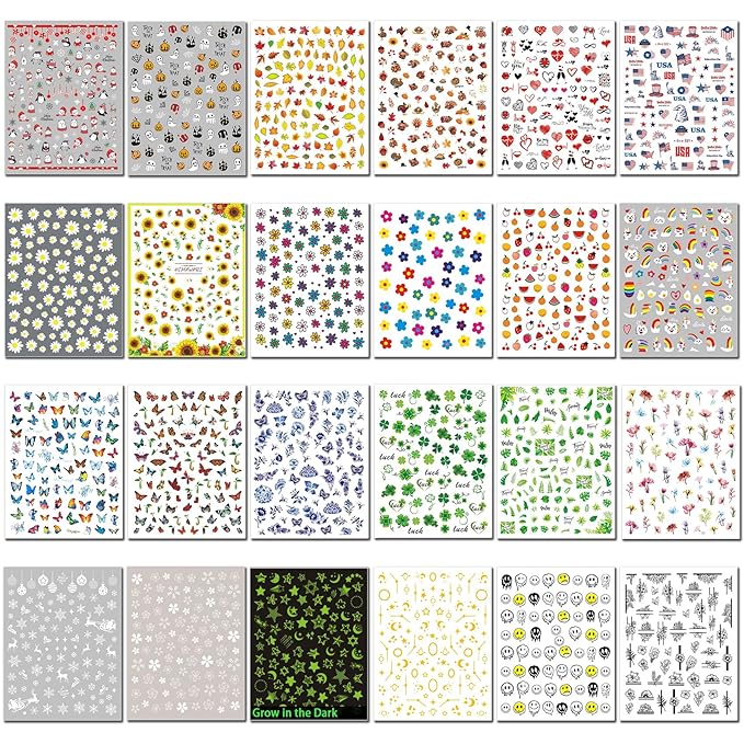 TailaiMei 24 Sheets Holiday Nail Stickers, Halloween, Christmas, Fall, Valentine Mixed All Seasons Variety Pack for Year-Round Seasonal Nail Art Decorations, Self-Adhesive Design Nail Decals
