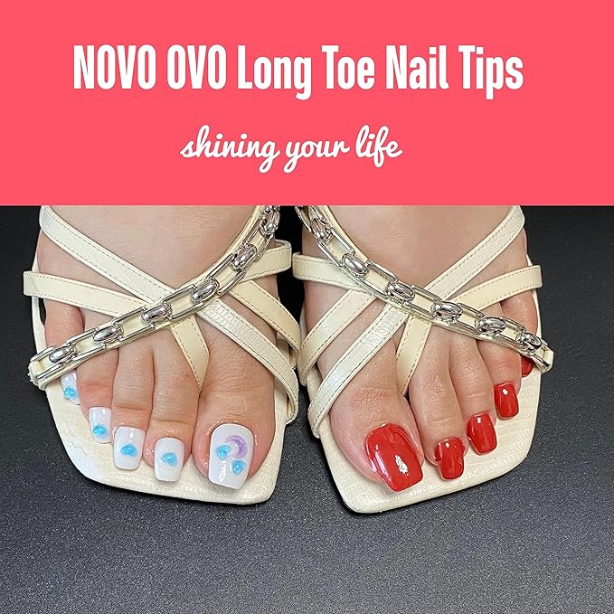 NOVO OVO 120 pcs Long Toe Nail Tips Press on, Curved Full Cover Longtoes Claw, Clear Double Matte Pre-filed Nail Extension for Pedicure Acrylic, Tapered Square Soft Gel Toenails x 12 Sizes