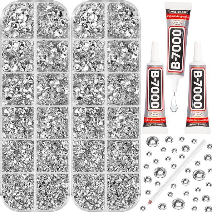 11000Pcs Silver Clear 2/3/4/5mm Flatback Rhinestones with Glue for Bedazzling Crafting Clothing Clothes Crafts Shoes Nail Art, Resin Flat Back Gems Crystals Diamonds Gemstones Jewels Stones Kit