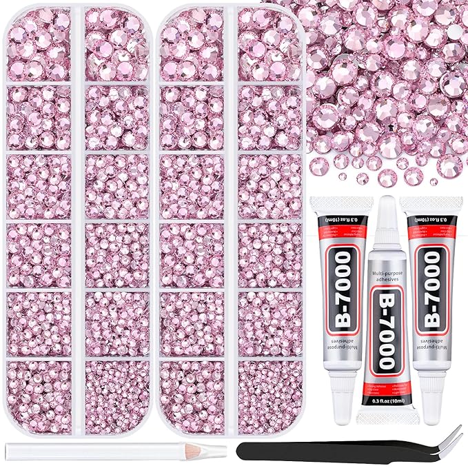 12000Pcs Resin Rhinestones for Bedazzling with 3Pcs B7000 Jewelry Glue, 2 Boxes Light Pink Flatback Rhinestones for Crafting Crafts DIY, Crystals Gems for Clothing Shoes Tumblers Nail Art Makeup
