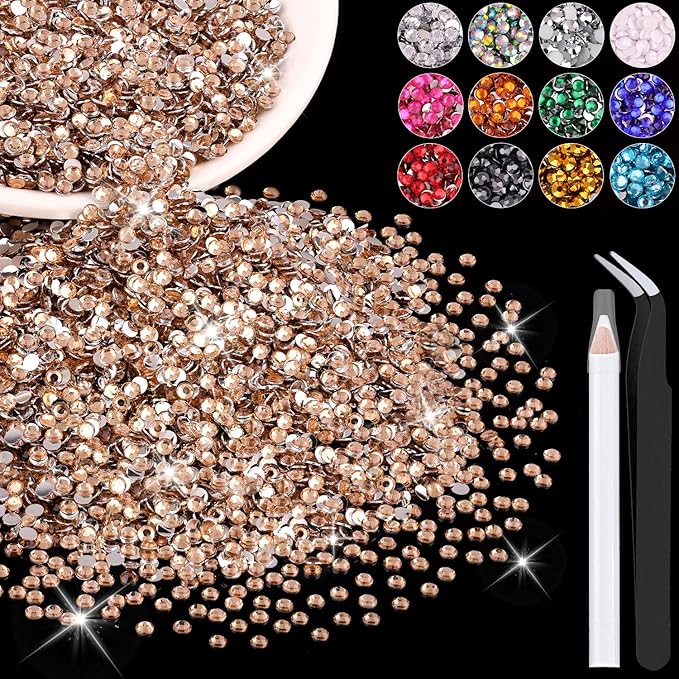 12000PCS 2mm Resin Rhinestones Bulk for Crafting (Champagne), Flatback Bedazzling Crystals for Crafts DIY Nail Decoration, Gems Charms for Tumbler Shoes Clothing Fabric with Pickup Pen and Tweezers