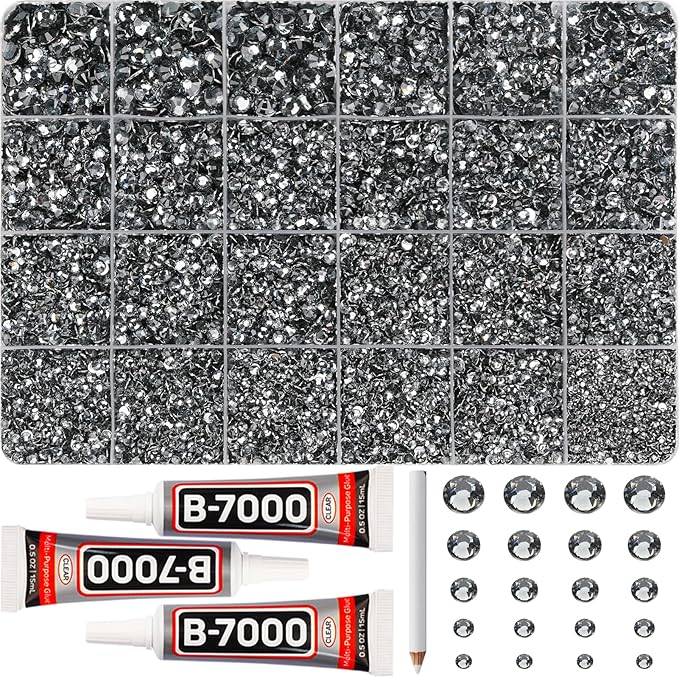 31000Pcs Grey Gray Resin Rhinestones for Bedazzling, 2-6mm Mixed Sizes Flatback Black Diamond Rhinestones, Bedazzled Gems Crystal Jewels Diamonds Bedazzle Set for Crafting Clothes Crafts