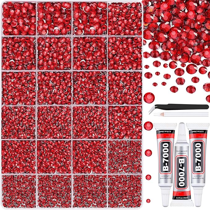 32000Pcs Resin Rhinestones with Tweezers for Crafting, Red Flatback Gems, Bedazzling Crystal with 3Pcs 10ml B7000 Jewelry Glue for DIY Crafts Clothing Tumblers Shoes Fabric Nail Art