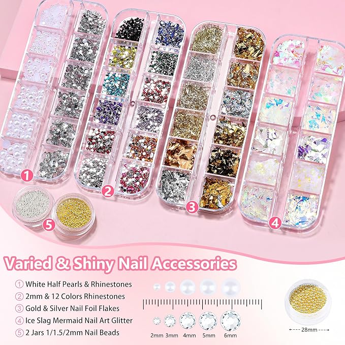 20 Nail Art Brushes Kit with Striping Tapes, Gold Flakes, Pearls, Rhinestones, Glitter & Flower Stickers for Gel Nails DIY Manicure Set (White)