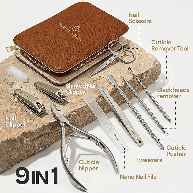 9 in 1 Professional Manicure Pedicure Set - Stainless Steel Nail Clippers, Nano File, Cuticle Nipper, Scissors, Tweezers, Travel PU Leather Case for Men & Women - Valentine's Gift Idea