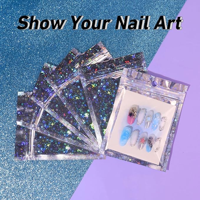 100PCS Press on Nail Packaging Bag, 100PCS Display Card with 231 Pcs Pre-cut Adhesive Tape & Diamond Art Pens & Glue Clay & Tweezers, 6-in-1 Set for Nail Display (Laser star)