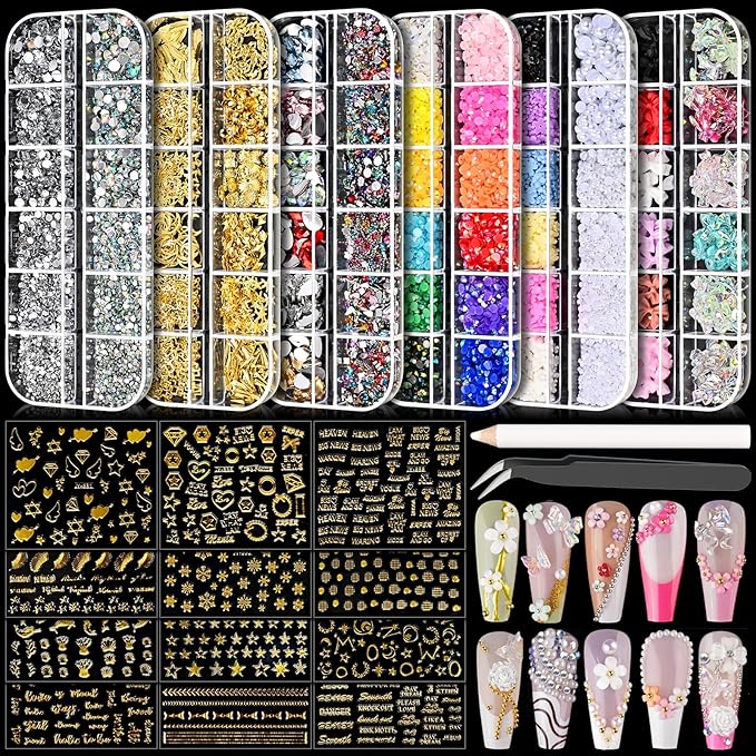 Nail Charms Art Kit with 30 Sheets Gold Nail Stickers and 6 Boxes of Nails Gems with Manicure Art Tools for 3D Nails Supplies DIY Charms and Rhinestones