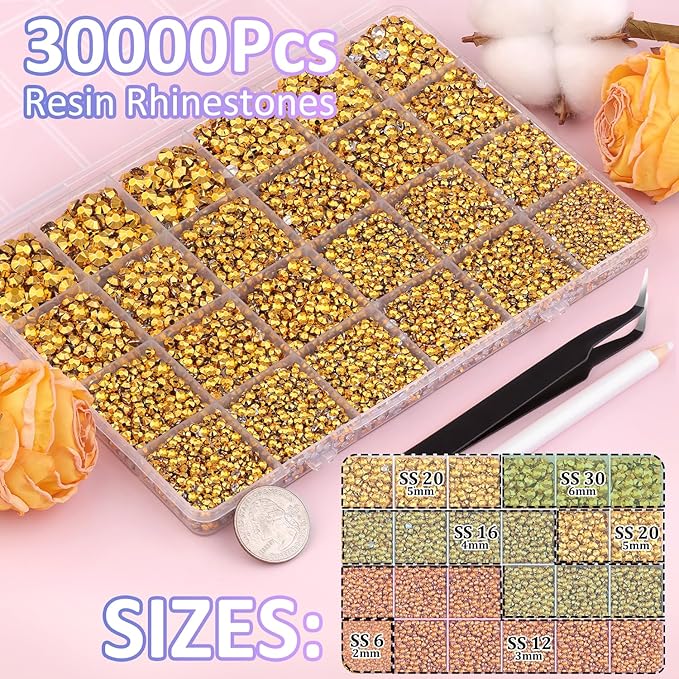 30000Pcs Mine Gold Rhinestones for Bedazzling with B7000 Jewelry Glue, Bedazzler Kit Flatback Gems, Resin Rhinestones for Crafting Crafts Clothing Shoes Fabric Nail Art Assorted Size 2/3/4/5/6mm