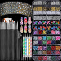 FANDAMEI Nail Art Brushes, Nail Art Kit with 15 Pcs Nail Art Brush, 5 Pcs Dotting Tools, 6 Box Nail Charms and Gems, 10 Flower Nail Stickers, Complete Nail Decoration Art with Nail Art Brushes Black