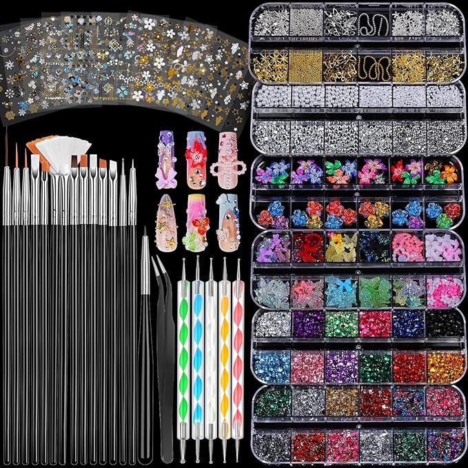 FANDAMEI Nail Art Brushes, Nail Art Kit with 15 Pcs Nail Art Brush, 5 Pcs Dotting Tools, 6 Box Nail Charms and Gems, 10 Flower Nail Stickers, Complete Nail Decoration Art with Nail Art Brushes Black