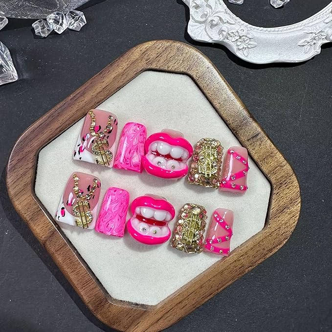 Short Press on Nails Duck Luxury Handmade Fake Nails French Tip False Nails 5D Charms and Rhinestone Design 100% Handmade Rose Pink Full Cover Stick on Nail for Women (Size M)
