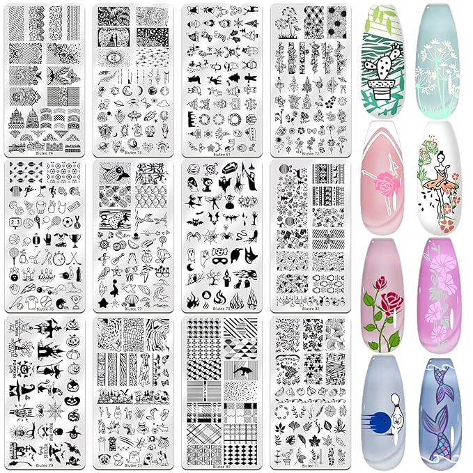Biutee Nail Stamping Plate Set 12Pcs Nail Art Stamping Plates Nail Stamping Kit Nail Stamper Kit Flower Leaves Animal Lace Star Design Nail Stamp Plate
