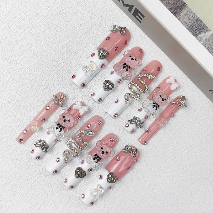2025 Long Pmma Acrylic Handmade Nail Design Novelty with Rhinestone Bear Love Snake Design Glossy Nail, Reusable Nail Set with Box Gift for Women (White-pink, L)