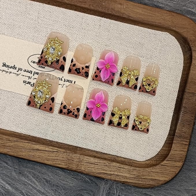 Duckbill Nails,Brown Leopard French Tips Press on Nails with Kit,Soft Gel Fake Nails with 3D Charms Hearts Bows Flowers,Metallic Edgy Punk Y2K False Nail with Rhinestone for Winter Fall(S)