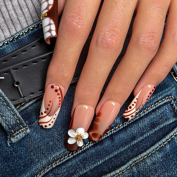LOVFUL Short Press on Nails Latte Art | Handmade Acrylic Press ons| Reusable Fake False Nails | Square Classic Regular 1.3in | H667-L