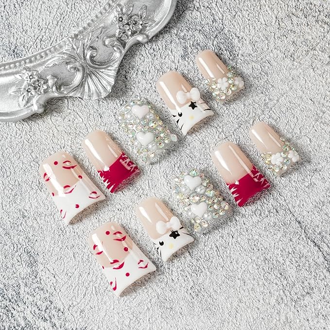 Handmade Press on Nails Short Duck Kawaii Red French Tips, 3D White Bow & Heart Charms, Luxury Bling Rhinestone False Nails, Reusable Full Cover for Nail Art (Cute Kitty Sweet Glam,L)