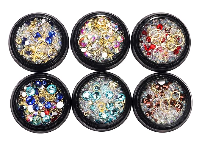 Nail Art Rhinestones Set Mixed With Metal Studs Sparkle Pearls Crystals Beads Decor Fake Tips 6 Wheels