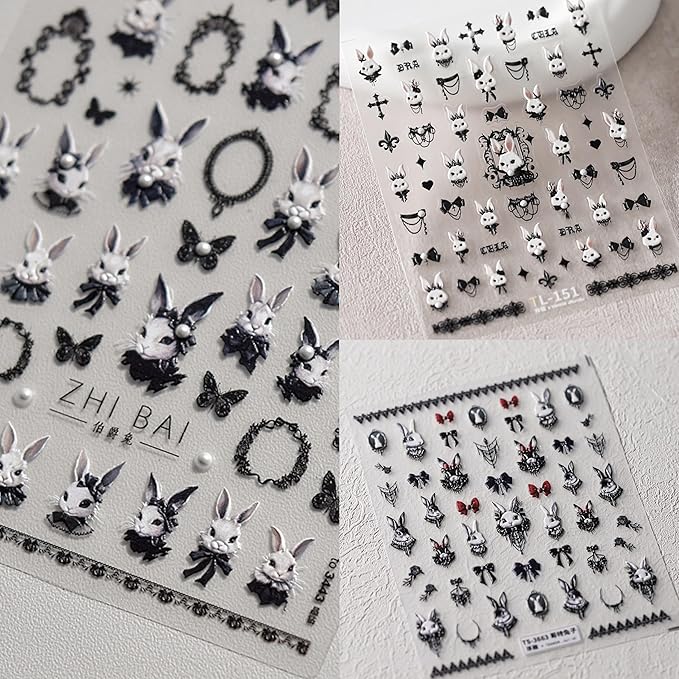 Dedyel 5D Embossed Cute Bunny Nail Art Stickers Cartoon Kawaii Design Anime Self Adhesive Nail Stickers for Women Kids Girls Nails Art Decorations