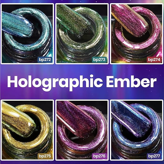 Beetles Chrome Nail Polish Set - Chameleon Holographic Ember 6 Colors Air Quick Fast Dry Metallic Nail Polish Long Lasting DIY Fingernail Art Home Salon Valentines Gifts for Girls Women