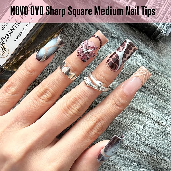 NOVO OVO Sharp Square Medium Nail Tips Press on, Natural (Not Sculpted) No C Curve Soft Gel Double Matte Clear Fake Nail Extension,Full Cover False Nails for Salon DIY Manicure x 15 Sizes 450 pcs