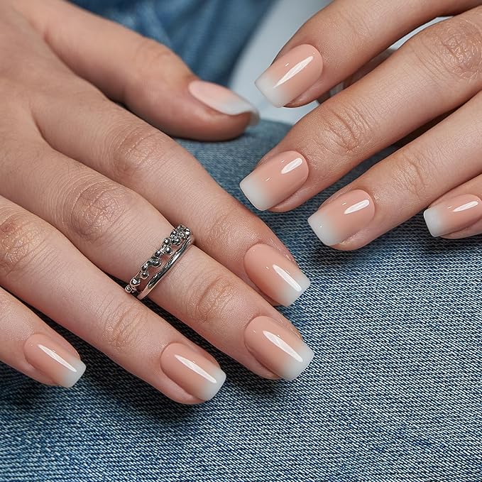 CurvLife Press On Nails Short Square Nude Pink Ombre, Soft Gel Glossy Fake Nails, Reusable Durable Salon-Style Manicure for Women Teens Beginners, 30pcs, Daily Wear for Work Party