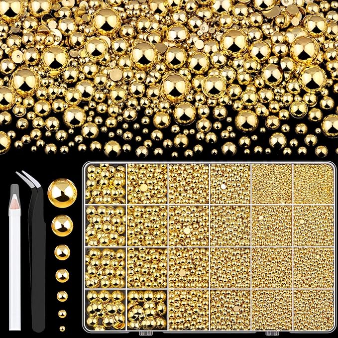 13000Pcs Flatback Pearls for Crafting (Gold), Assorted Size 2/3/4/5/6/8/10mm Non Hotfix Half Pearl, Bedazzling Bead for DIY Crafts Clothing Tumblers Mugs Shoes Fabric Embellishment Nail Art Makeup