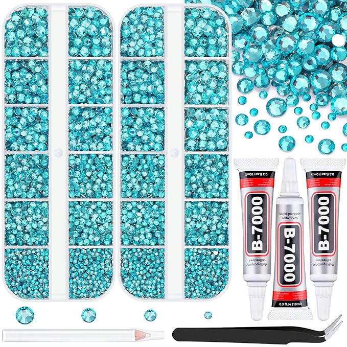 12100Pcs Resin Rhinestones for Crafting with 3Pcs 10ml B7000 Jewelry Glue, 2 Boxes Flatback Crystals Diamond (Teal Blue) for Bedazzling Crafts DIY Nail Art，Non Hotfix Gems for Clothing Shoes