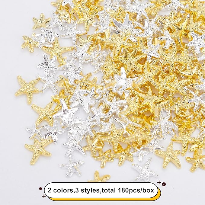 OLYCRAFT 180pcs Starfish Nail Charms Metal Cabochons Starfish Nail Art Decorations Brass Charms Gold Silver Nail Art Accessories Starfish Charms for Jewelry Making Nail Arts Decoration