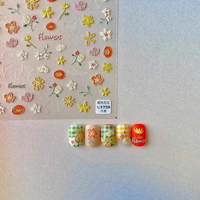 Dedyel Small Daisy Little Wild Flower Nail Stickers 5D Embossed Wildflower Nail Stickers Spring Summer Red Yellow Blue White Flower Design Nail Art Decoration for Women Girls Kids
